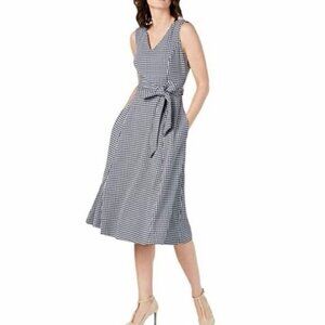 Calvin Klein Womens V Neck Sleeveless Gingham Midi Dress Black White A-Line Fit